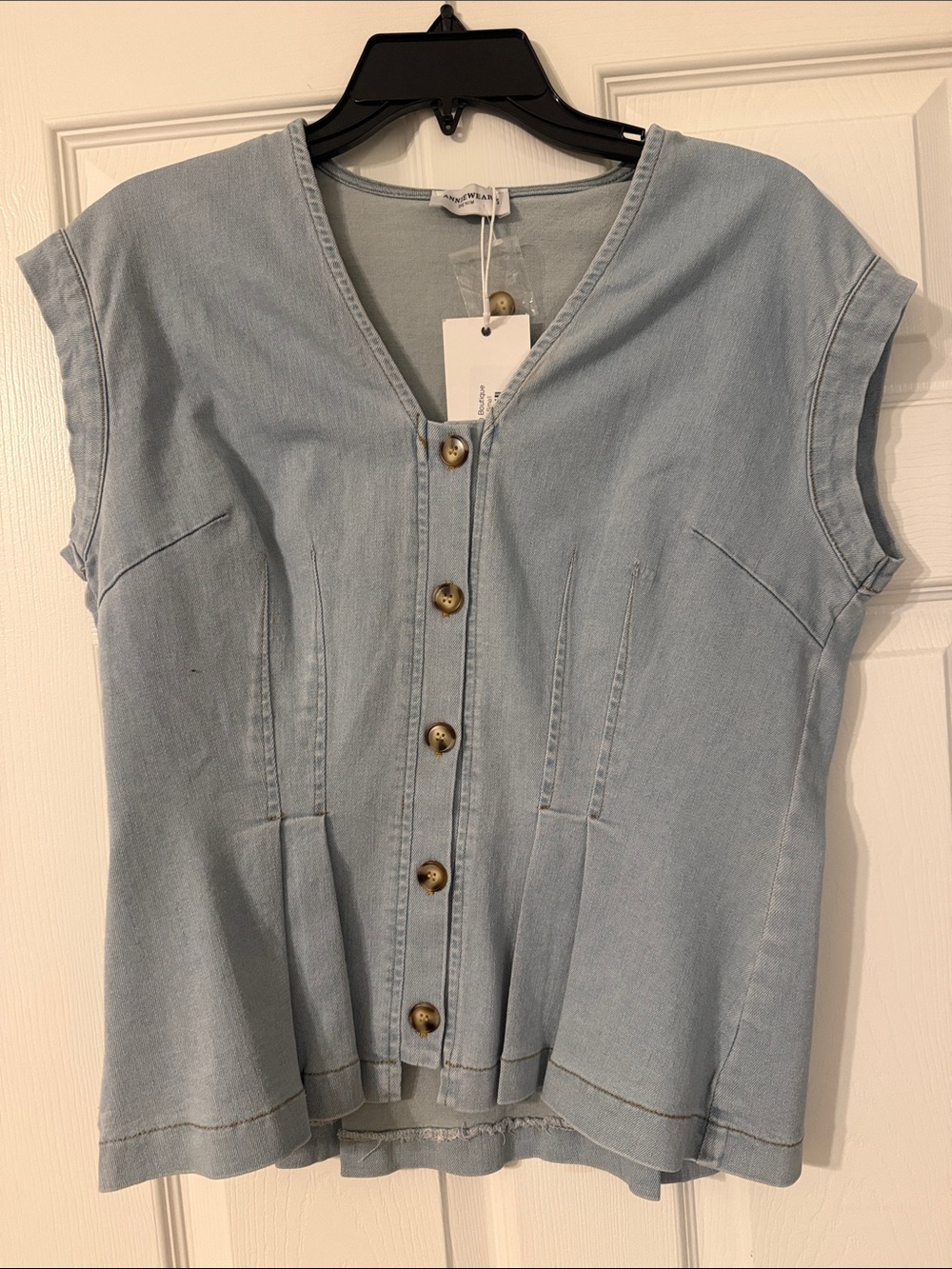 Light Wash Denim Button-Front Cap Sleeve Top